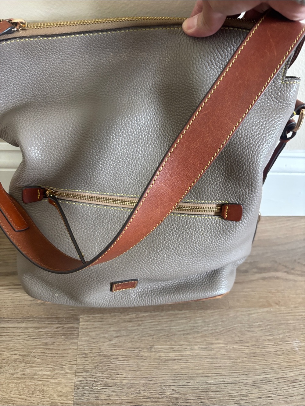 Dooney & Bourke Taupe Pebbled Leather Shoulder Bag with Brown Strap